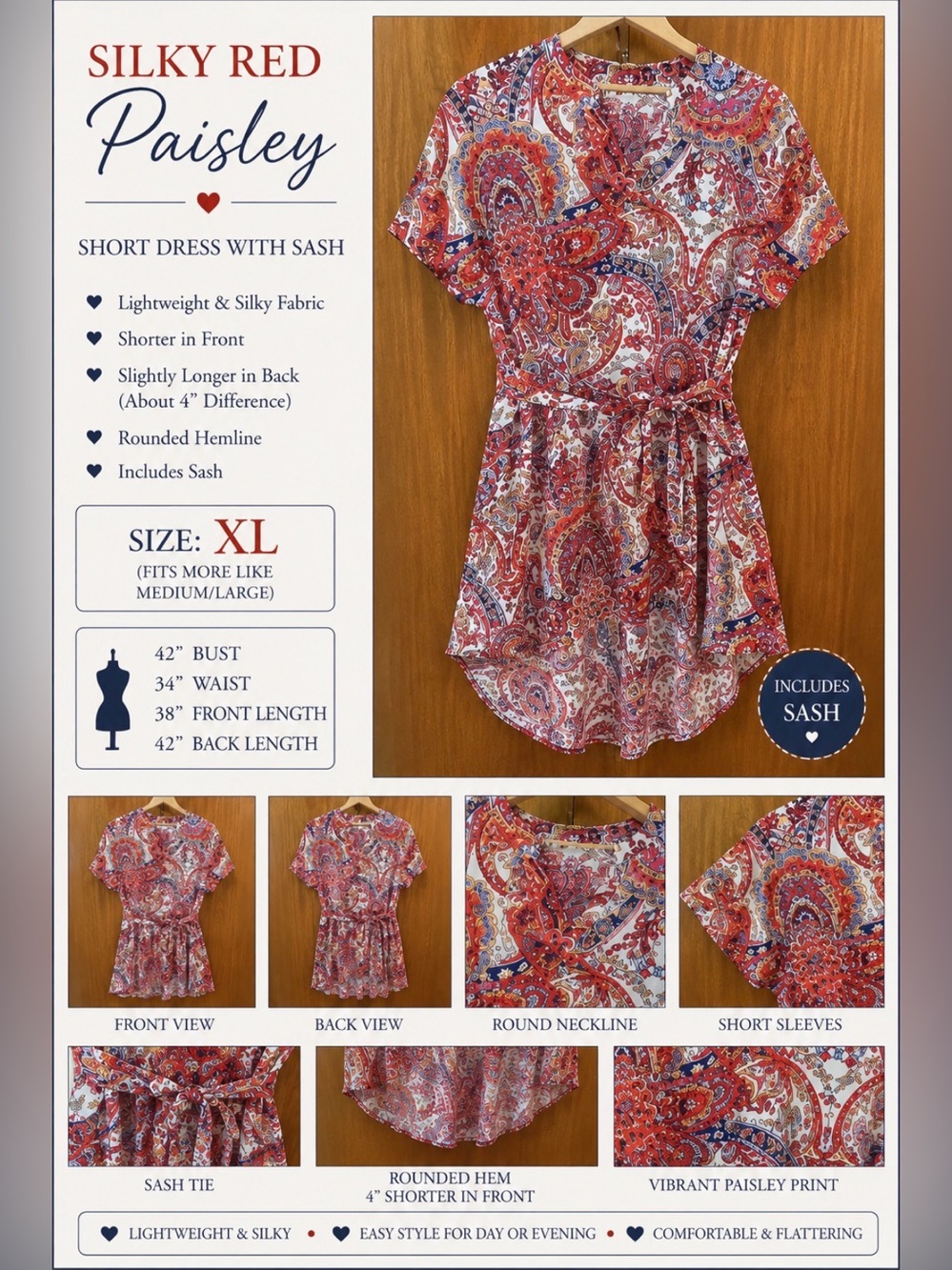 Silky Red Paisley Short hi low Dress eith sash
